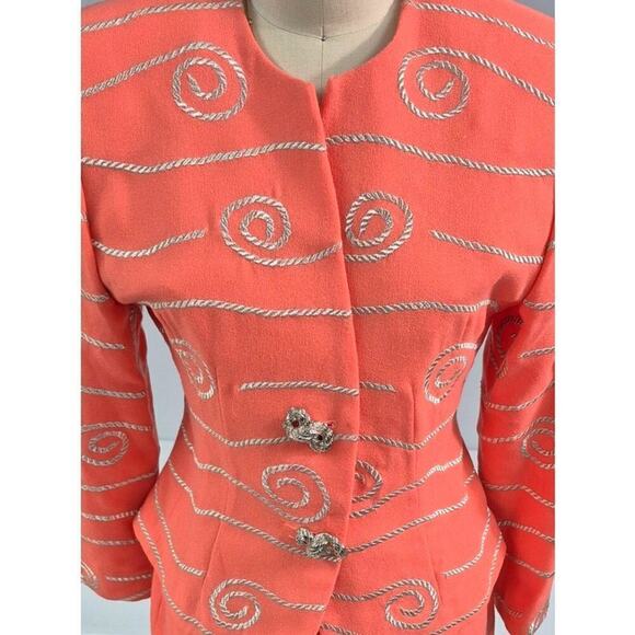 Vtg 80s Mob Wife Magali Collection Orange Wool Skirt Suit Gold Rope Design Sz 8 - Picture 2 of 9